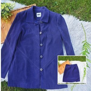 VTG Leslie Fay Dirty Blue Faux Suede Skirt Suit XL Fit